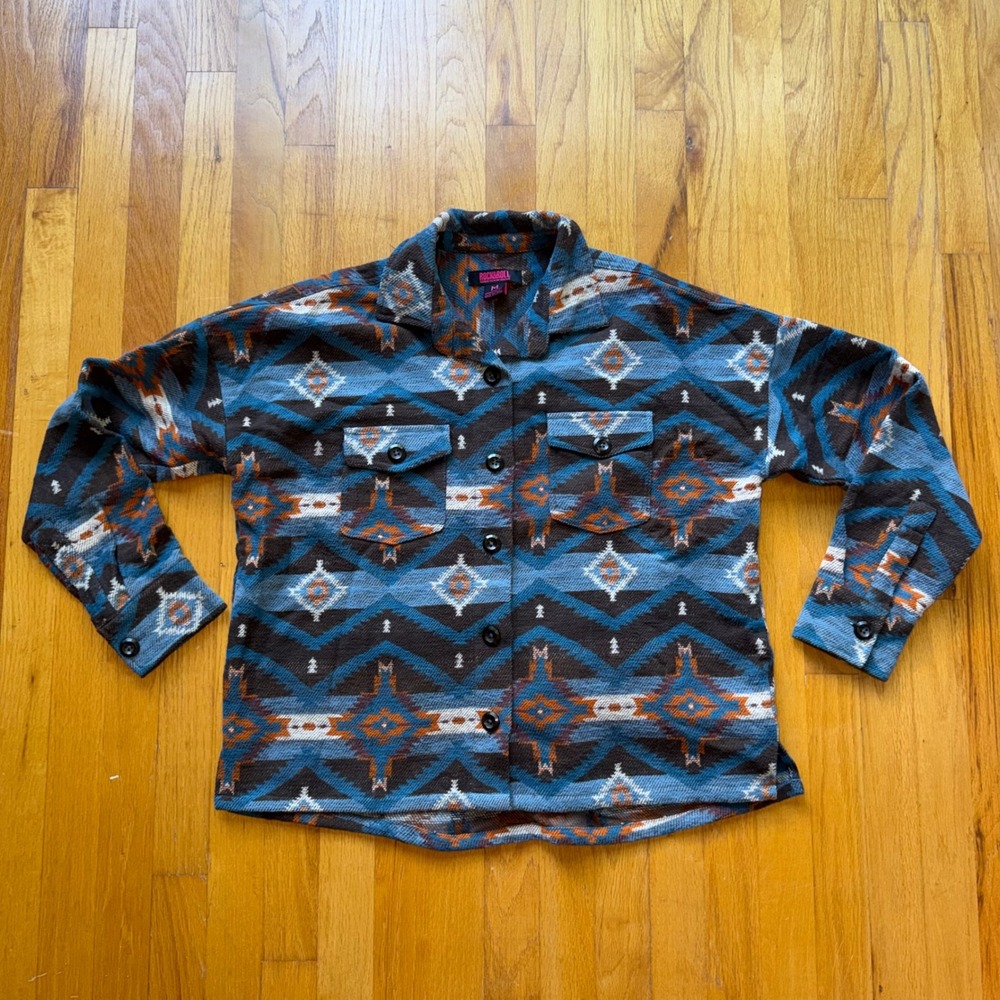 Rock and Roll Denim Southwestern Aztec Jacquard Button Down Shirt Fall M Western